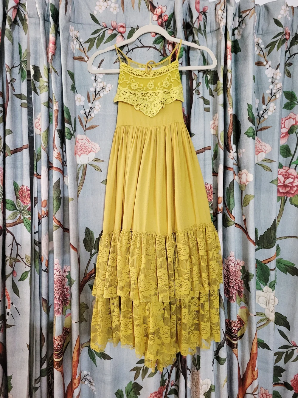 Girls Yellow/Green Lace Tiered Maxi Dress